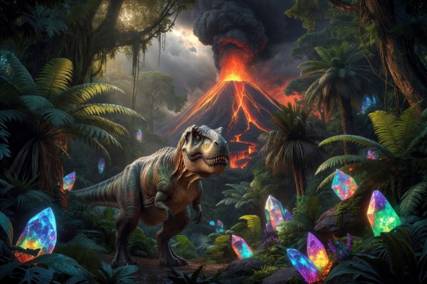 A giant friendly T-Rex standing in a prehistoric jungle with an erupting volcano and colorful glowing crystals