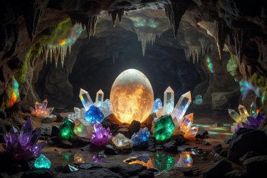 A large glowing amber dinosaur egg surrounded by vibrant colorful crystals in a hidden cave