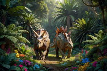 A friendly Triceratops and Stegosaurus walking through a lush, vibrant prehistoric valley with giant tropical plants