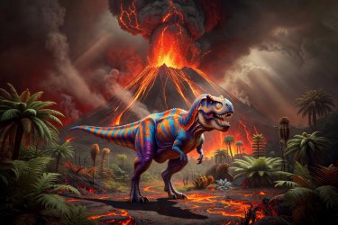 A colorful T-Rex standing near a glowing, erupting volcano in the prehistoric kingdom
